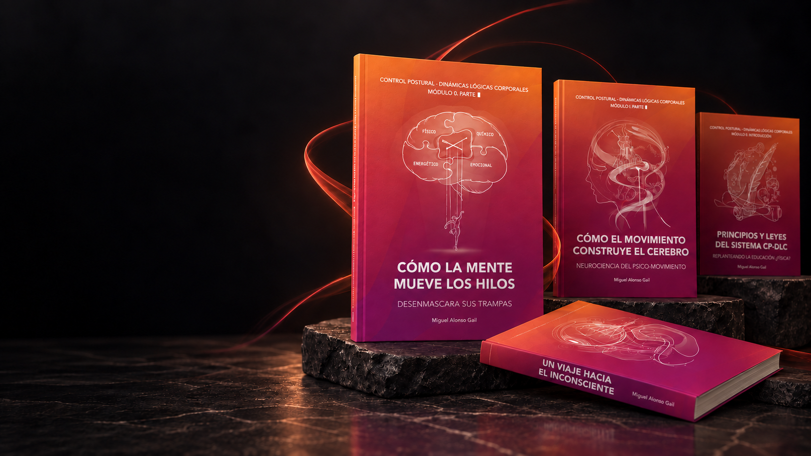 Colección de libros de Escuela Atlantis con ilustración anatómica de fondo